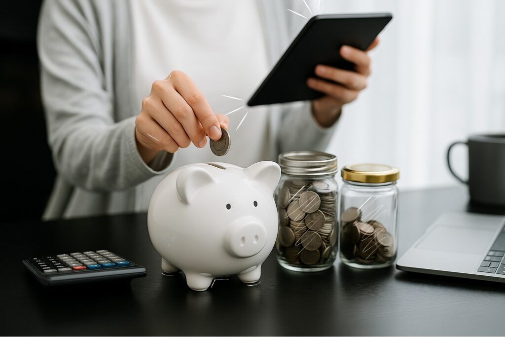 Person holding a tablet and dropping a coin into a piggy bank, symbolizing LongFi Partners’ $500 or more referral rewards