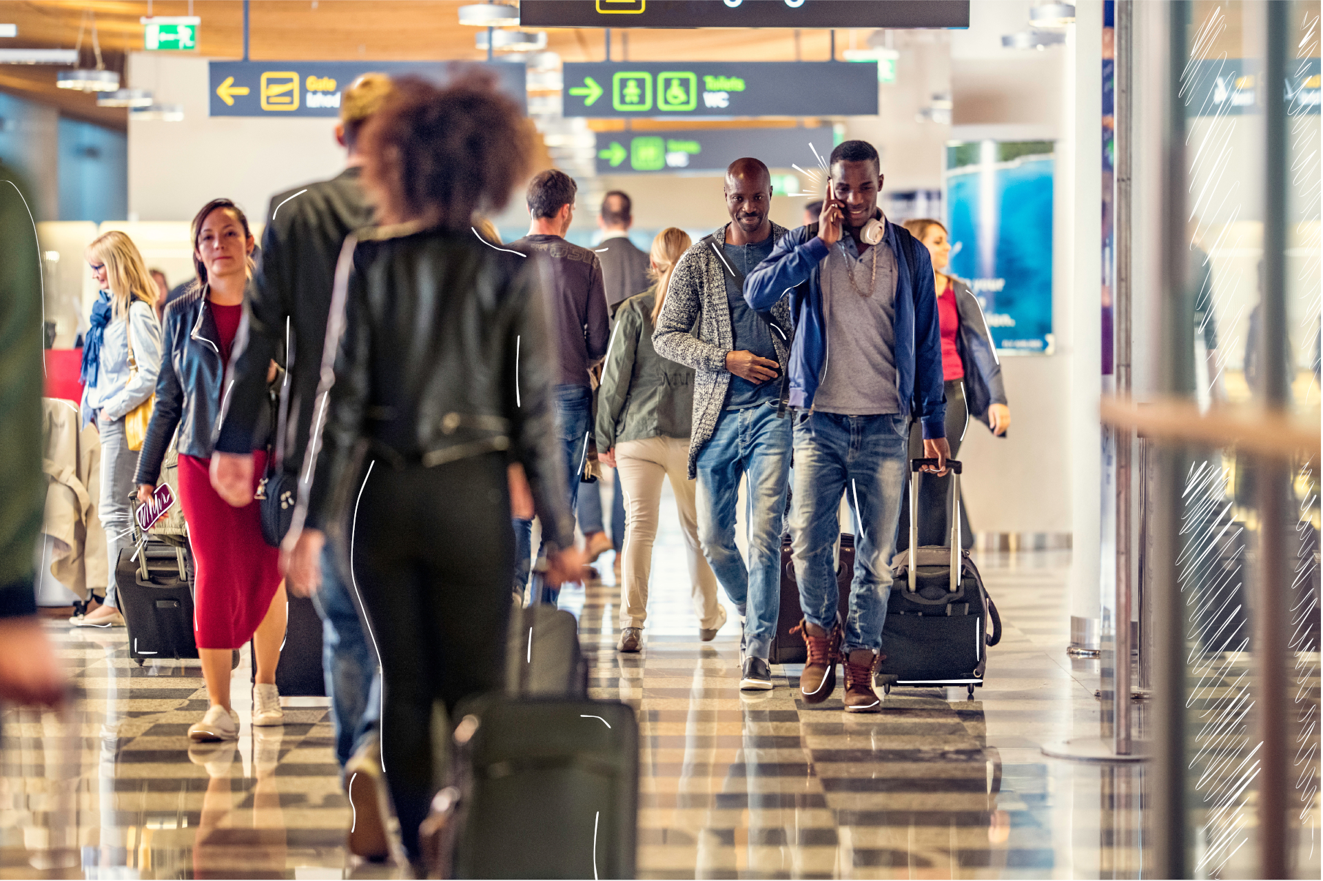 Travelers using mobile devices at an airport, showcasing the importance of strong public Wi-Fi and cellular coverage.