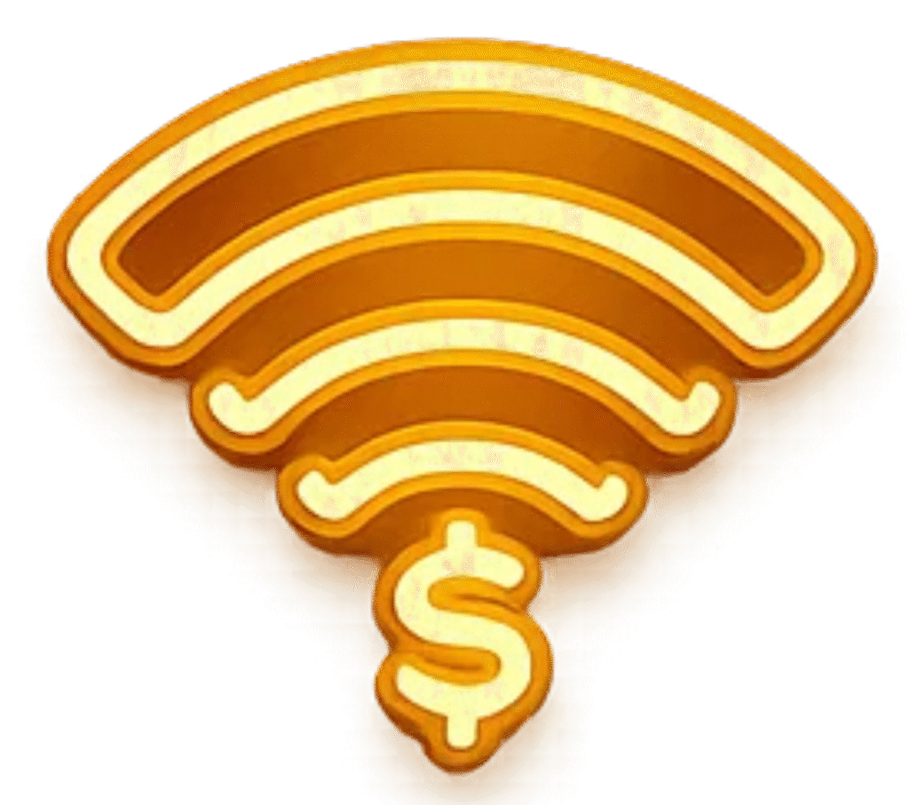 Gold Wi-Fi symbol with dollar sign representing venue Wi-Fi revenue monetization