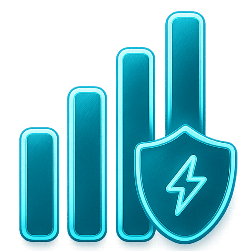 Blue teal signal bars with security shield and lightning bolt icon for carrier-grade connectivity