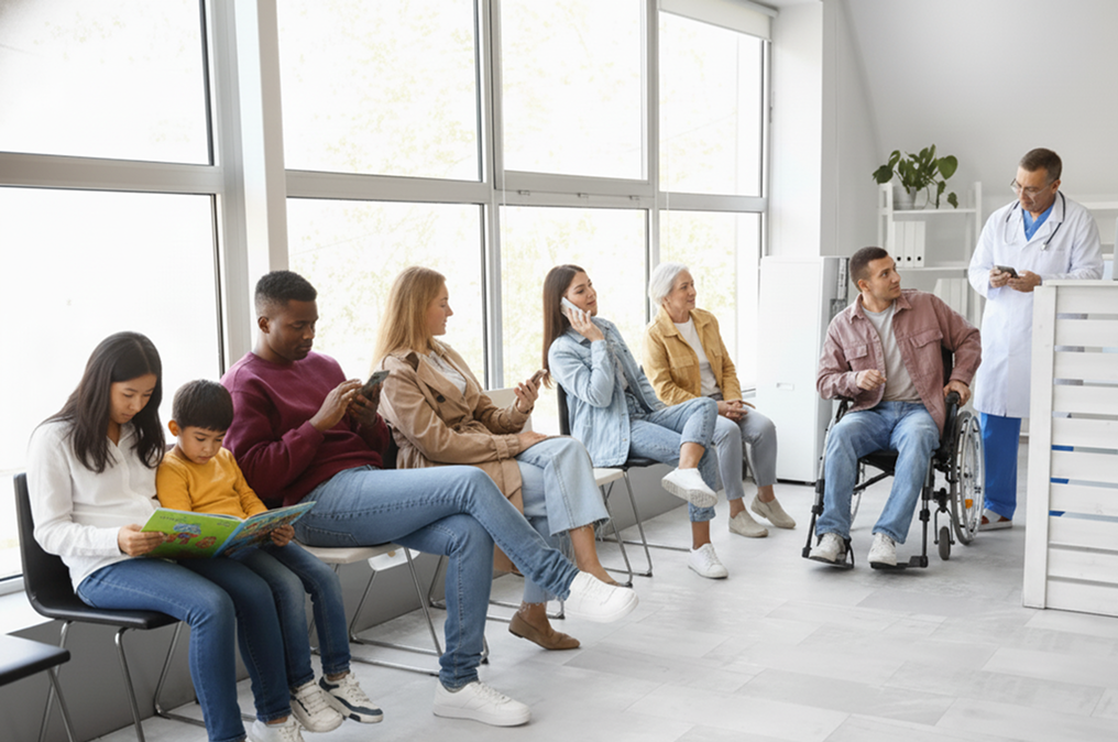 Diverse group of patients seated in a bright hospital clinic waiting room with doctor nearby