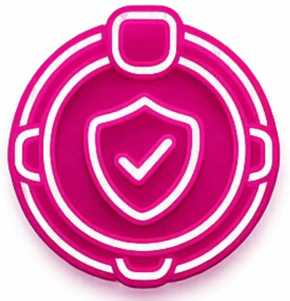 Pink shield with checkmark inside circular tech emblem representing managed network security