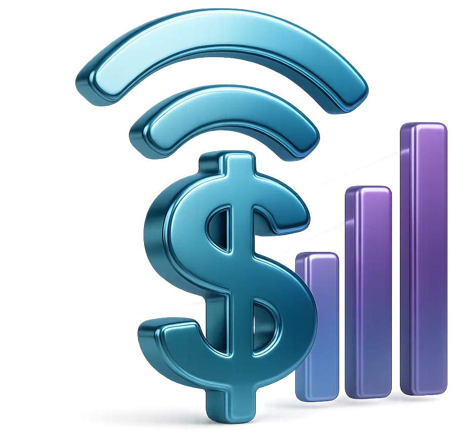 3D blue Wi-Fi symbol with dollar sign and purple signal bars representing unused bandwidth revenue